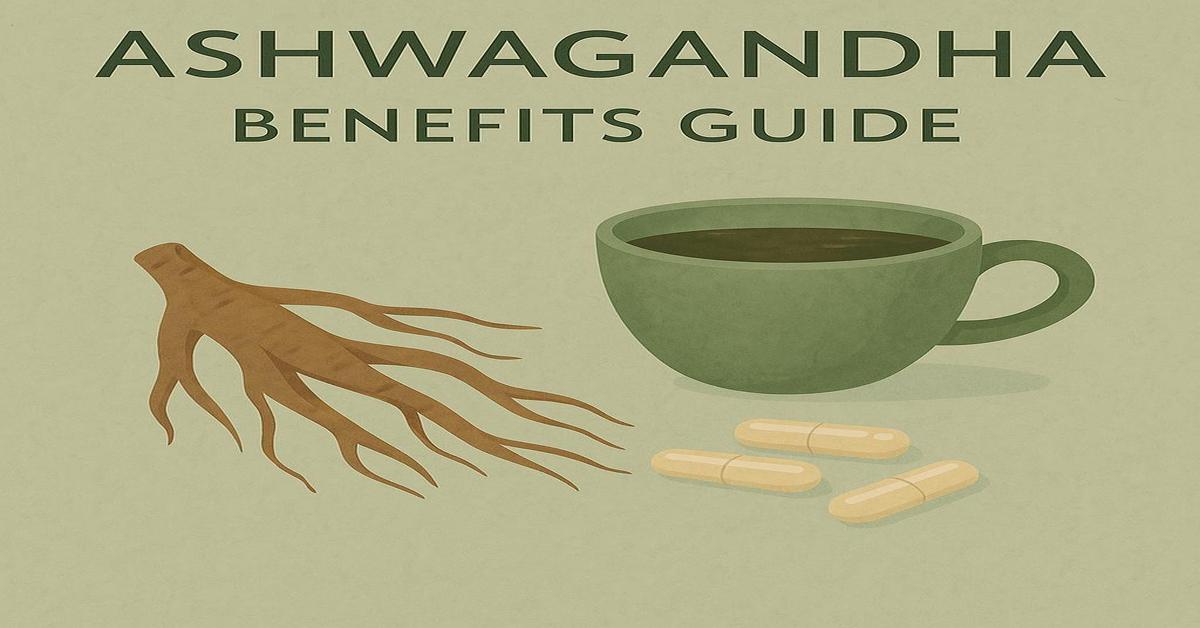 Flat digital illustration representing the benefits of ashwagandha for stress and wellness