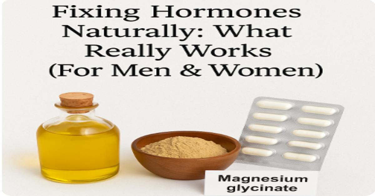 Bottle of castor oil, bowl of powdered herbs, and blister pack of magnesium glycinate capsules representing natural remedies for hormonal balance.