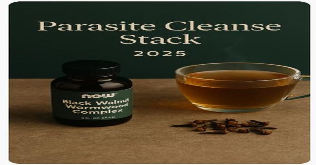 Parasite cleanse essentials including black walnut wormwood complex, cloves, and herbal tea