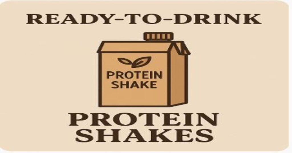 Box-style graphic with text 'Ready-to-Drink Protein Shakes' on tan background
