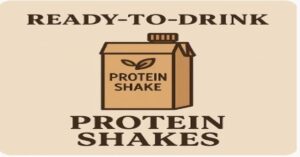 Box-style graphic with text 'Ready-to-Drink Protein Shakes' on tan background