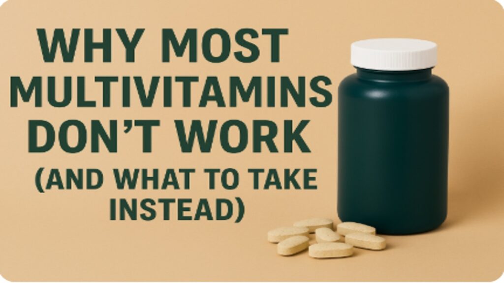 “Dark green supplement bottle and beige tablets on a neutral background with bold text reading: Why Most Multivitamins Don’t Work (And What to Take Instead)”