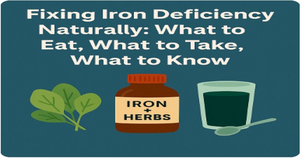 Flat design graphic showing spinach, iron supplement bottle, and a green drink, representing natural solutions for iron deficiency