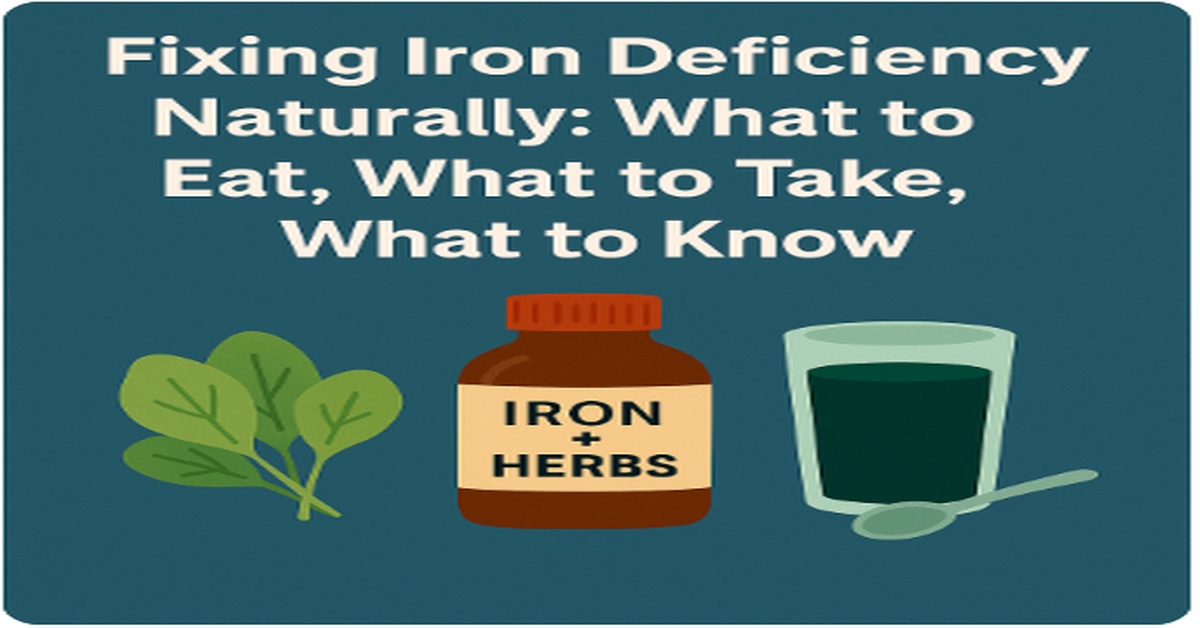 Flat design graphic showing spinach, iron supplement bottle, and a green drink, representing natural solutions for iron deficiency