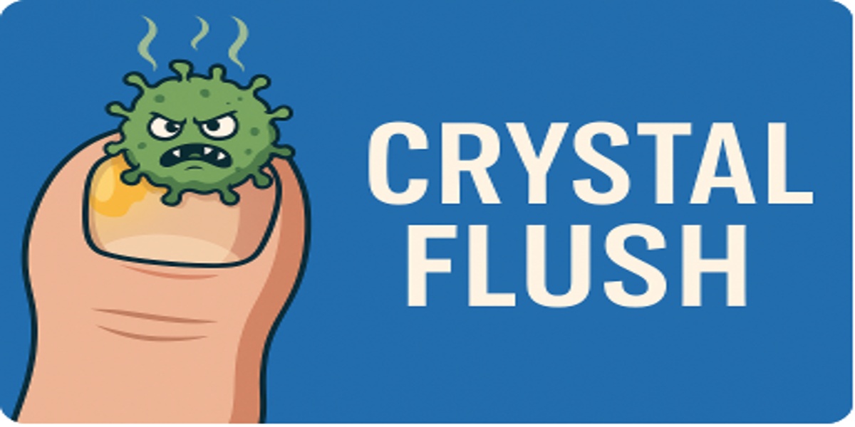 Cartoon of a toenail infected with fungus and a green germ, alongside the text “Crystal Flush.”