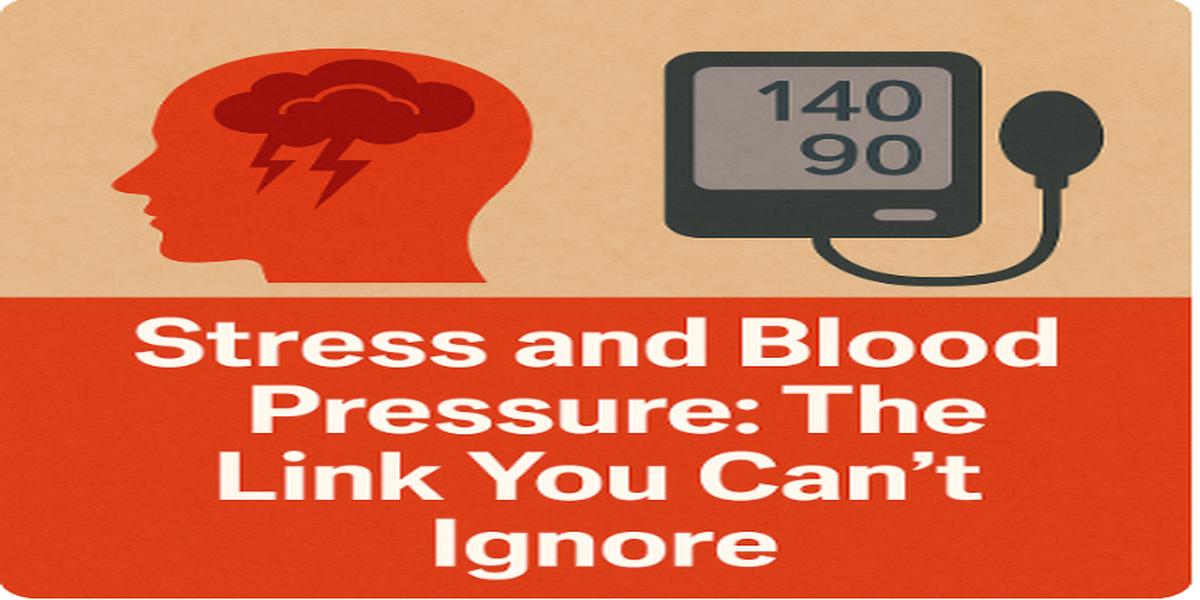 Illustration of a stressed human head with a storm cloud and a blood pressure monitor reading 140/90, symbolizing the connection between stress and high blood pressure.