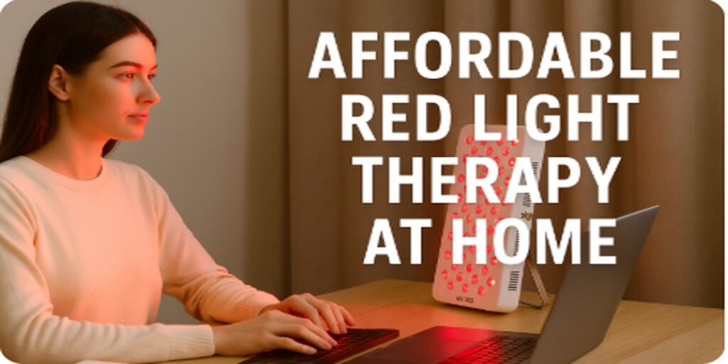 Affordable red light therapy at home — woman using red light panel at desk to support skin health, fat loss, and recovery.