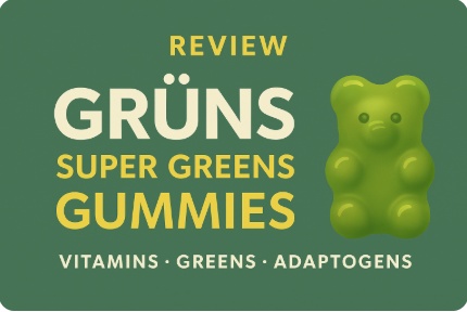 Grüns Super Greens Gummies Review banner featuring a green gummy bear and text highlighting vitamins, greens, and adaptogens.