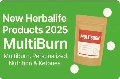 Promotional graphic featuring Herbalife's new MultiBurn supplement for 2025. Text is centered on a green background with a brown pouch labeled MultiBurn and floating white tablets.