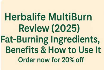 Herbalife MultiBurn Review 2025 banner with bold green text centered on a tan background.