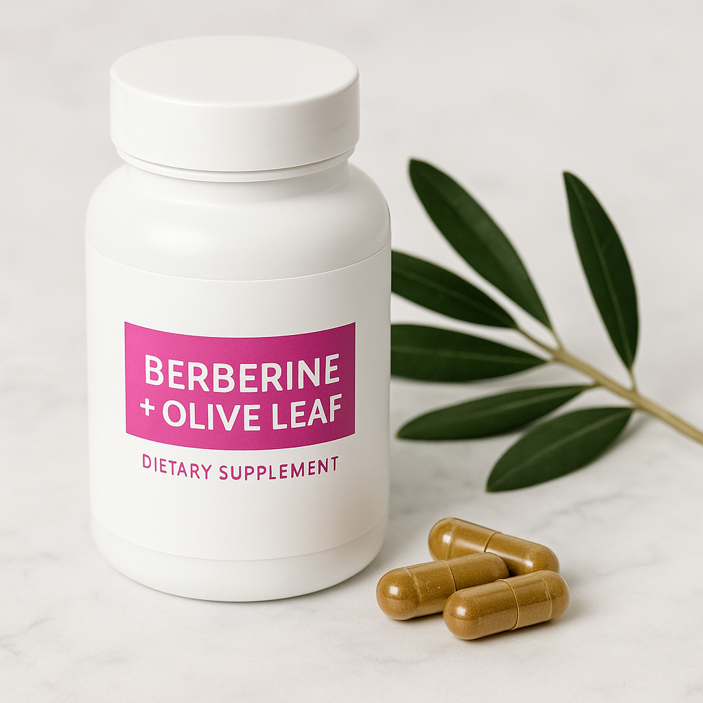 White supplement bottle labeled Berberine + Olive Leaf with golden capsules and fresh olive leaves on a marble surface, representing natural metabolic and immune support.