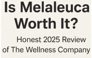 Minimalist banner with the text 'Is Melaleuca Worth It? Honest 2025 Review of The Wellness Company' in bold black font on an off-white background.