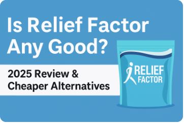 Relief Factor review graphic with the headline "Is Relief Factor Any Good? 2025 Review & Cheaper Alternatives" and an illustrated product pouch on a blue background.