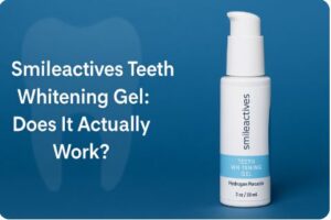 Smileactives Teeth Whitening Gel bottle on a blue background with the headline text: “Smileactives Teeth Whitening Gel: Does It Actually Work?”