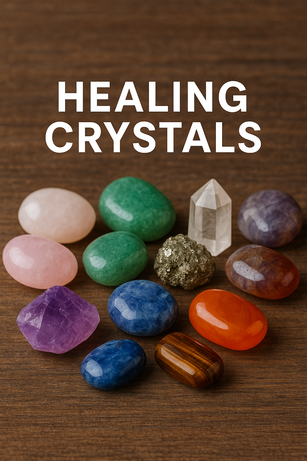 A collection of colorful healing crystals, including amethyst, rose quartz, clear quartz, aventurine, and carnelian, arranged neatly on a wooden surface under soft natural lighting.